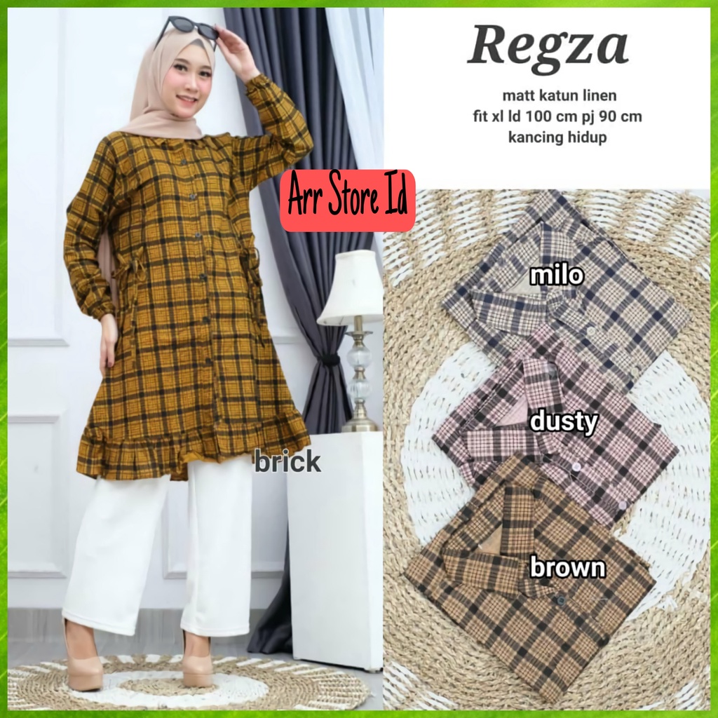 Baju Atasan Tunik Wanita Terbaru Motif Kotak Flanel Ld 100 P 90 Katun Linen Regza Dress Allsize