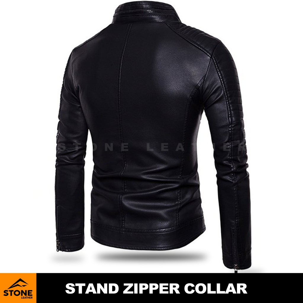 JAKET KULIT PRIA ORIGINAL SYNTETIS LEATHER COLLAR ZIPPER