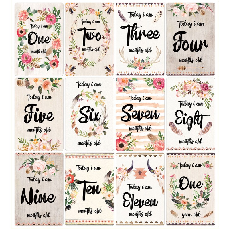 Mary☆ 12 Sheet Baby Monthly Milestone Cards Birth to 12 Months Photo Prop Moment Cards