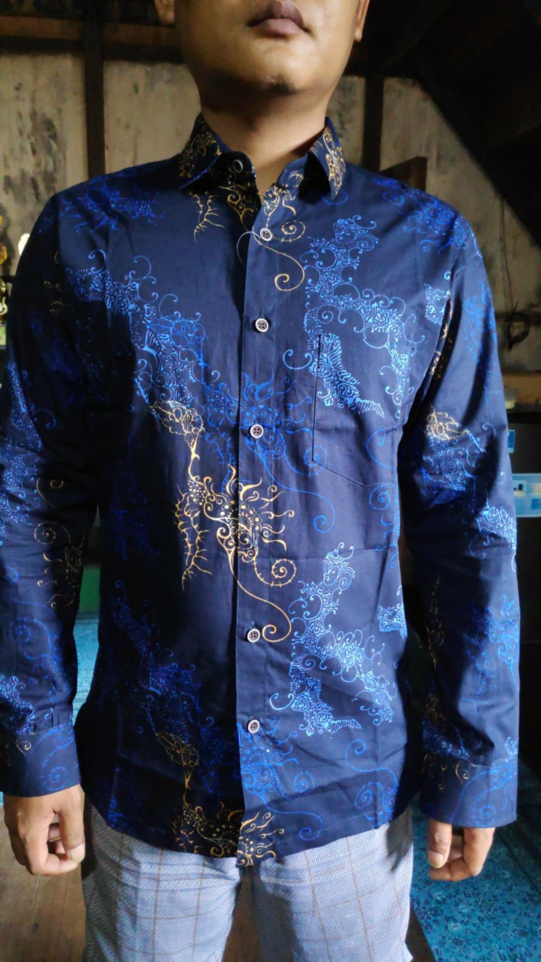 [gridline - Ls031 Navy Blue & Black Green] Kemeja Batik Slimfit Pria Katun Lengan Panjang