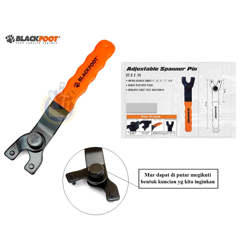 BLACKFOOT Adjustable Spanner Pin Kunci Mesin Gerinda Tangan / Kunci Gerinda Kunci Pembuka Kepala Gerinda / Kunci Gurinda Fleksibel Universal