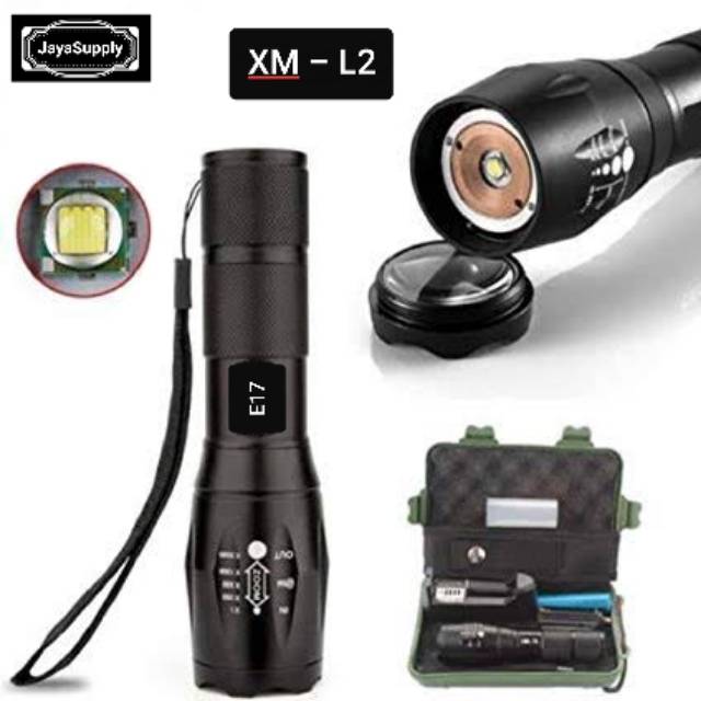 Senter LED E17 Cree XM-L2 Camping Gunung XML2 Super Terang 10.000 Lumens Paket Lengkap Anti Air