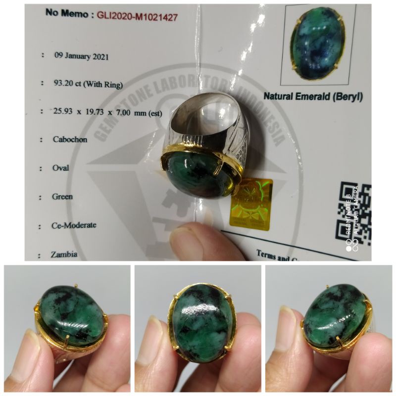 Natural emerald beryl Zambia Jumbo Ring Perak zamrud Afrika memo GLI