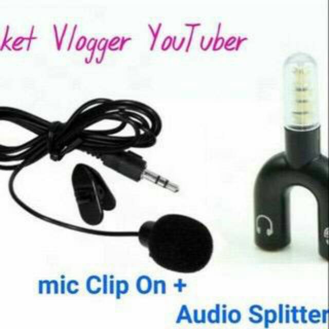 PAKET Microphone Clip On + Audio Splitter, murah dan berkualitas. Cocok untuk video blogger, youtube