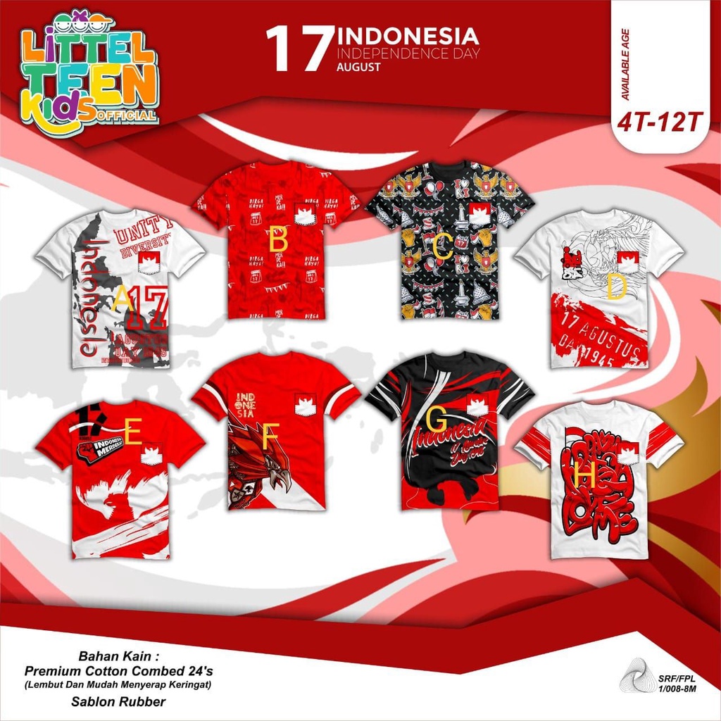 Afsheenastore Kaos Kemerdekaan Tangan Pendek Size 4-12 Tahun