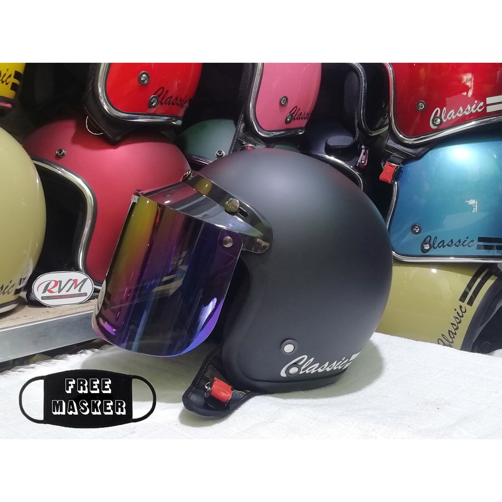 Helm Bogo Classic Dewasa Hitam Doff Kaca Datar Pelangi Shopee Indonesia