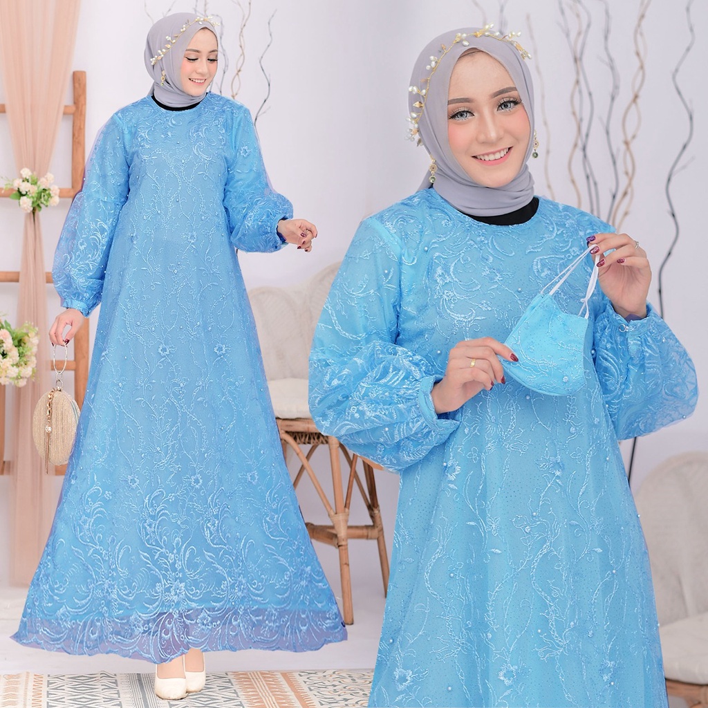 (New Free Masker Brukat) Arumi Full Brukat Tile Mutiara / Size S-M, L , XL, XXL / Gamis Pesta / Gamis Kondangan / Gamis Brokat Muslimah