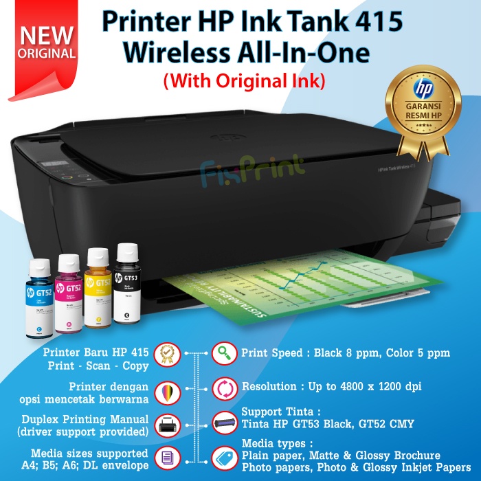 Printer Ink Tank HP 415 Print Scan Copy WiFi All-in-One Wireless With Tinta GT51 GT52 Support MAC OS