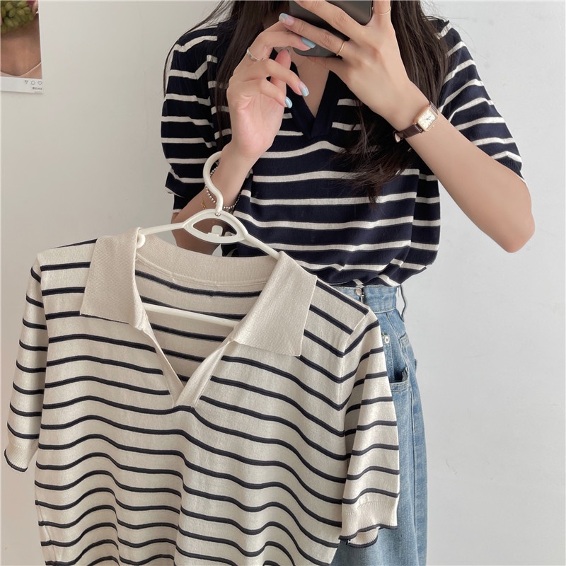 kaos rajut wanita Atasan rajut lengan pendek Korean retro style kasual Knit stripe T-shirt