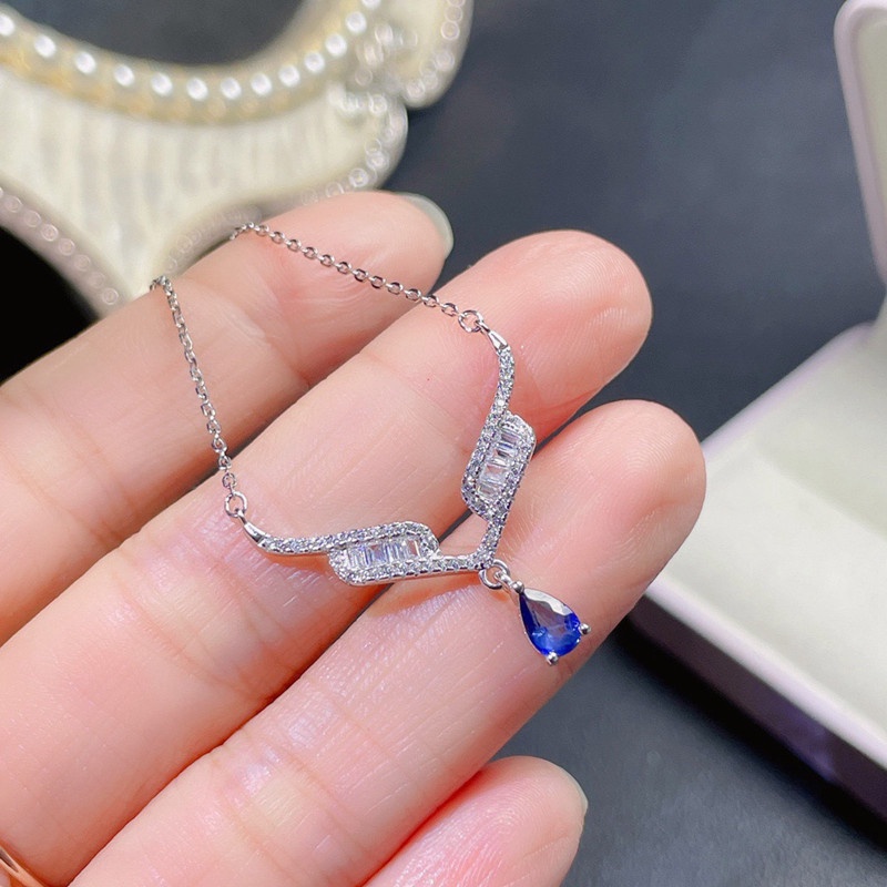 Kalung Dengan Liontin Bentuk Tetesan Air Bahan Cubic Zirconia Warna Biru Untuk Wanita