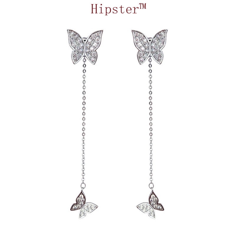 Popular Double Butterfly Diamond Long Tassel Full Diamond Temperament Ear Chain