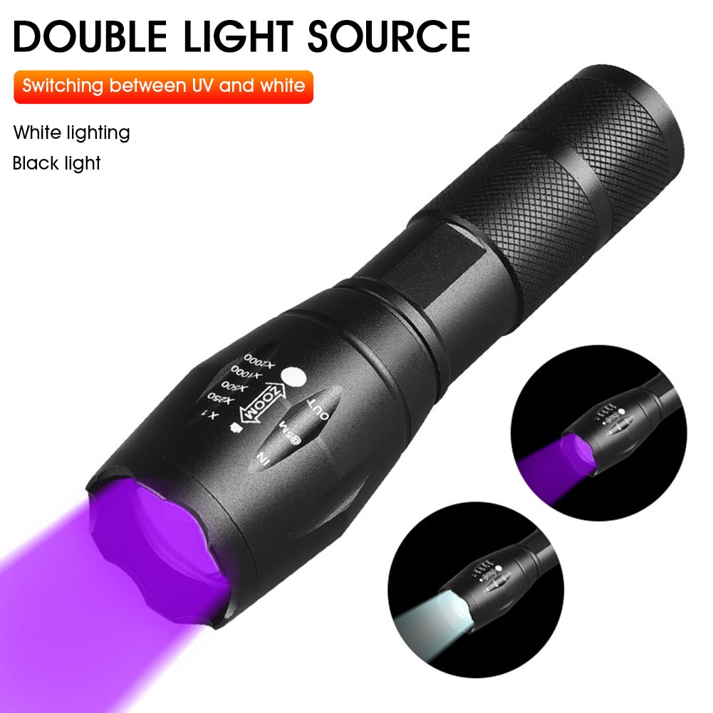 Ultraviolet White Lamp Double Lamp Retractable Zoom Flashlight UV Stain Detector Outdoor Hunting