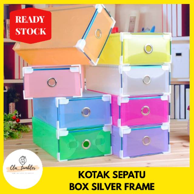 Kotak Sepatu Transparan / Shoes Box Silver Frame / Rak Tempat Sepatu / Kotak Bening Multifungsi
