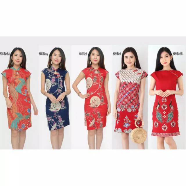 Dress Midi/Mini/Gaun Batik Merah Cantik Bagus  Katun Bodycon Elegant Party/Pesta/Imlek