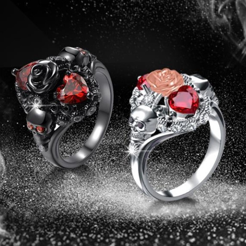 Cincin Zircon Bentuk Hati Mawar Dan Tengkorak Gaya Punk Untuk Wanita