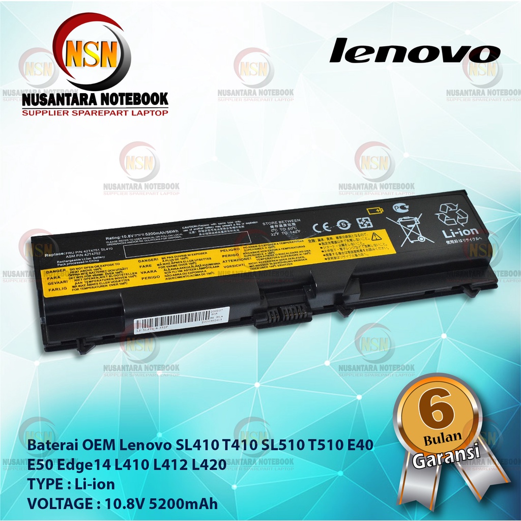 Baterai Laptop Lenovo thinkpad sl410 E40, E420, E50, E520 L410 L41 OEM