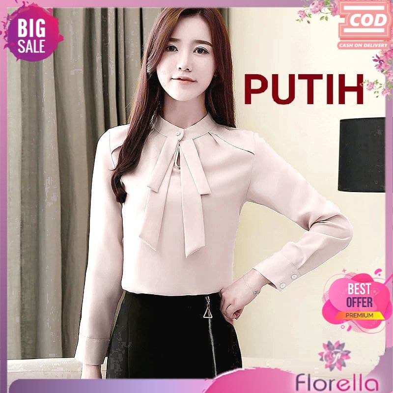 Blouse Kemeja Atasan Kerja Formal Polos Korea Korean Style Ikat Dasi Leher Lengan Pendek Wanita Cewe