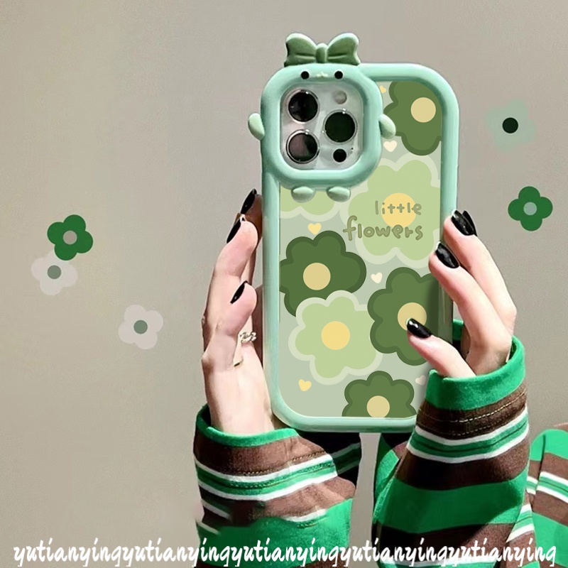 Ins Case Bunga Hijau Oppo A17 A7 A5s A54 A57 2022 A76 A96 A3s A5 A9 A55 A16s A15 A12 A17K Reno 4F 5F 5 7 A53 A74 A95 A16K A52 A15s A16 A31 3D Bow-knot Monster Kecil Lensa Sarung Cover Sarung