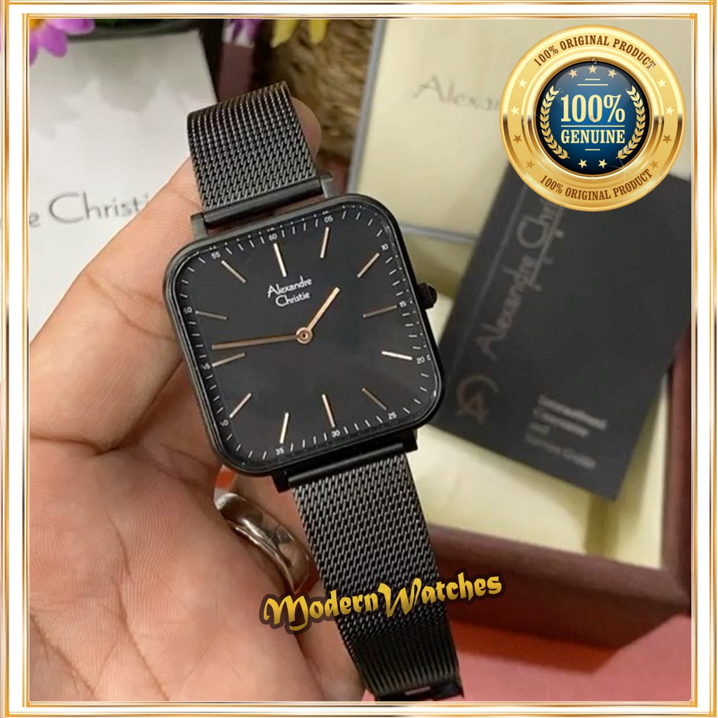 Jam Tangan Ori Wanita Terbaru Alexandre Christie AC 2825 Hitam Full Black Kotak Tali Rantai Pasir