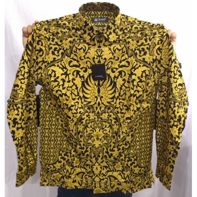 Kemeja Batik Pria Alisan Reguler Panjang Emas Silver Motif Mewah Hits