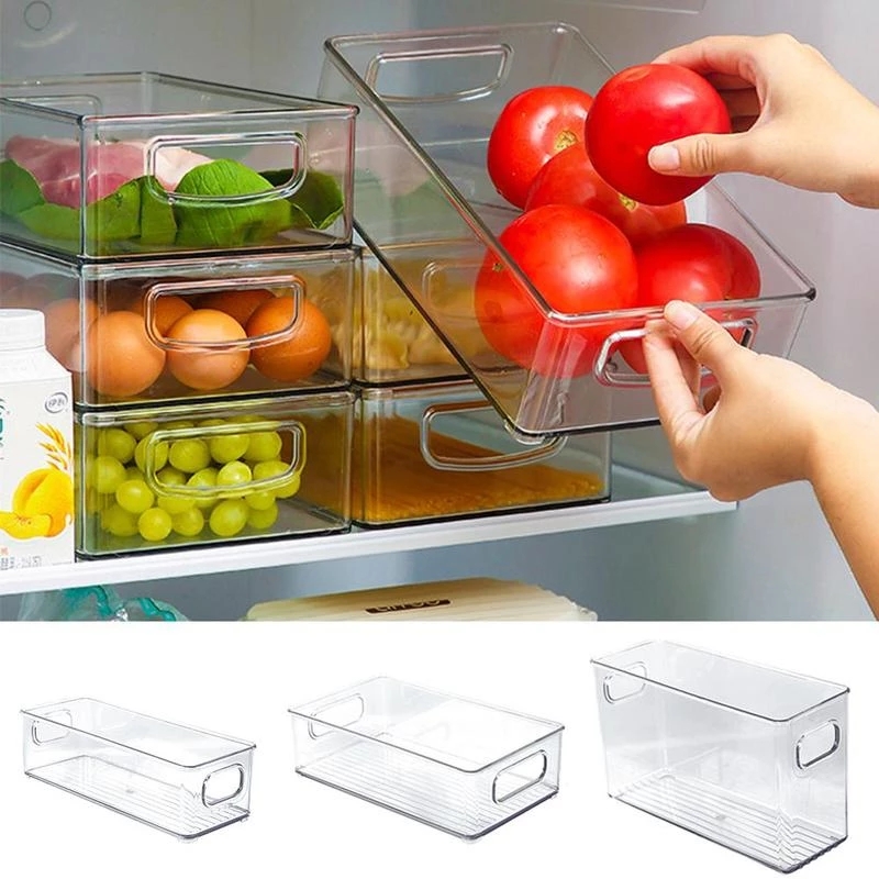 Clear Refrigerator Organizer Stackable Boxes, Kitchen Organizers with Cutout Clear Plastic Handle Pantry Food Storage