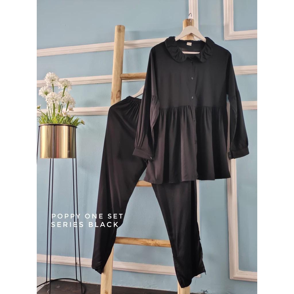 BLOOMS DAILY ONE SET / TIE DYE ONE SET RAYON / STELAN PIYAMA WANITA-POPPY ONESET BLACK