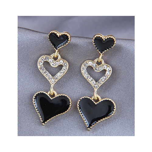 LRC Anting Tusuk Fashion Black Love Drop Oil Diamond A62222