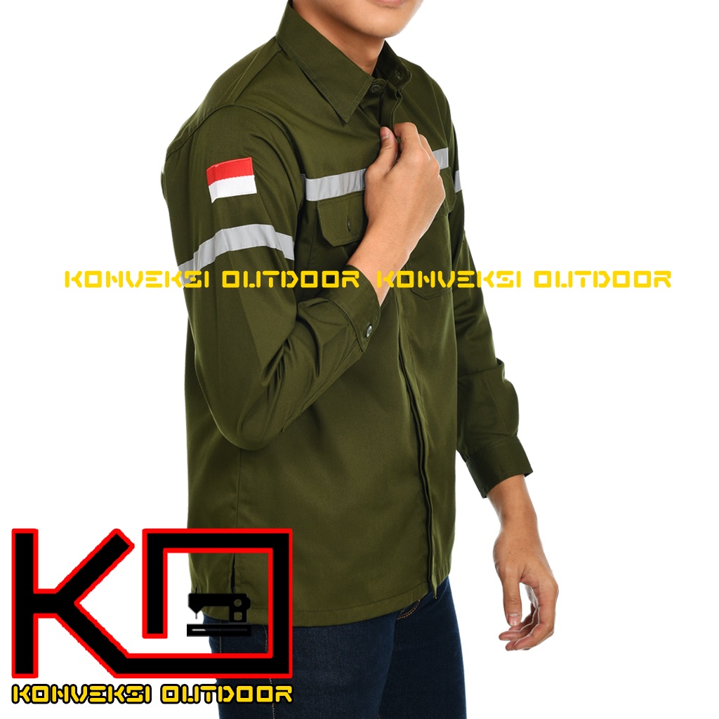 BAJU KEMEJA SAFETY WEARPACK K3 OUTDOOR PREMIUM LENGAN PANJANG - Seragam Proyek Pria Kerja Lapangan Bangunan Tambang Alat Berat PLN Enginer Instalasi Mesin Warepack Werpak Werpack Warepak Warpack Warpak Teknisi scotlet Warna Hijau Army Konveksi Outdoor