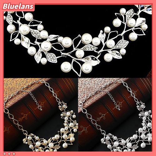 Bluelans Kalung Choker Rantai Pendek Desain Daun Hollow Hias Mutiara Imitasi Untuk Wanita