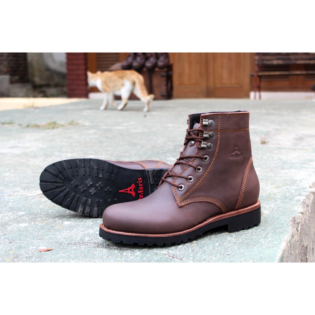 Sepatu Boots Pria Original Handmade Dr Faris Travolta Brown Pull Up Sol Vibram