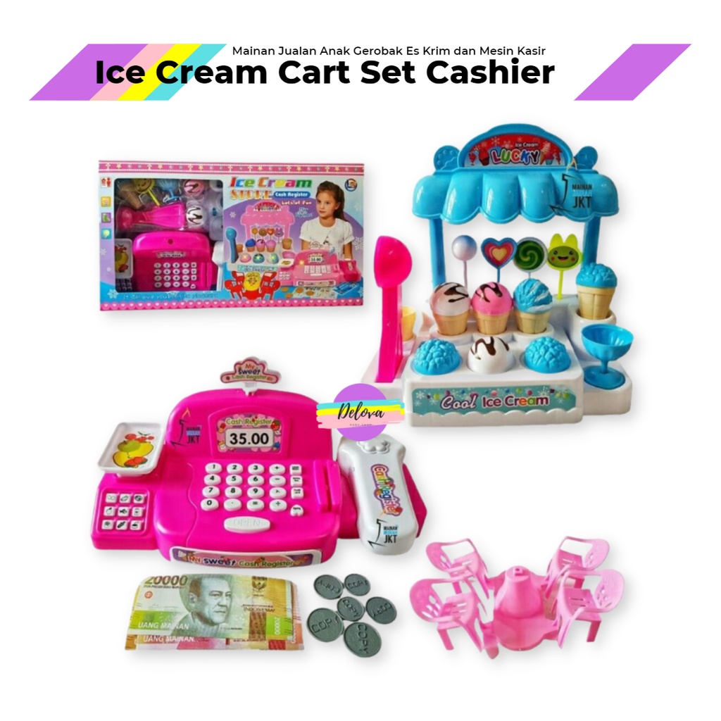 Ice Cream Cart Set Cashier Paket Mainan Anak Gerobak Es Krim Bunyi dan Nyala