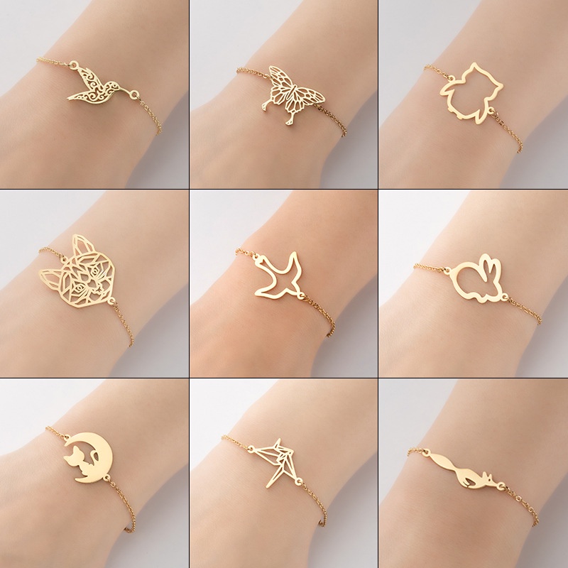 Gelang Bahan Stainless Steel Warna Silver Desain Butterfly Bee Bird Puppy Cat Fox Gaya Vintage