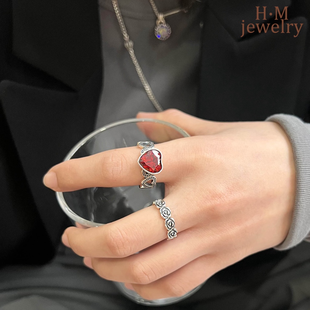 Cincin Model Terbuka Bentuk Hati Warna Merah Darah Merpati Gaya Retro