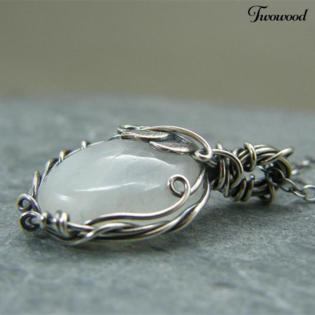 Twowood Clavicle Necklace Extension Chain Leaf Print Fine Workmanship Faux Moonstone Pendant Charm Necklace for Women