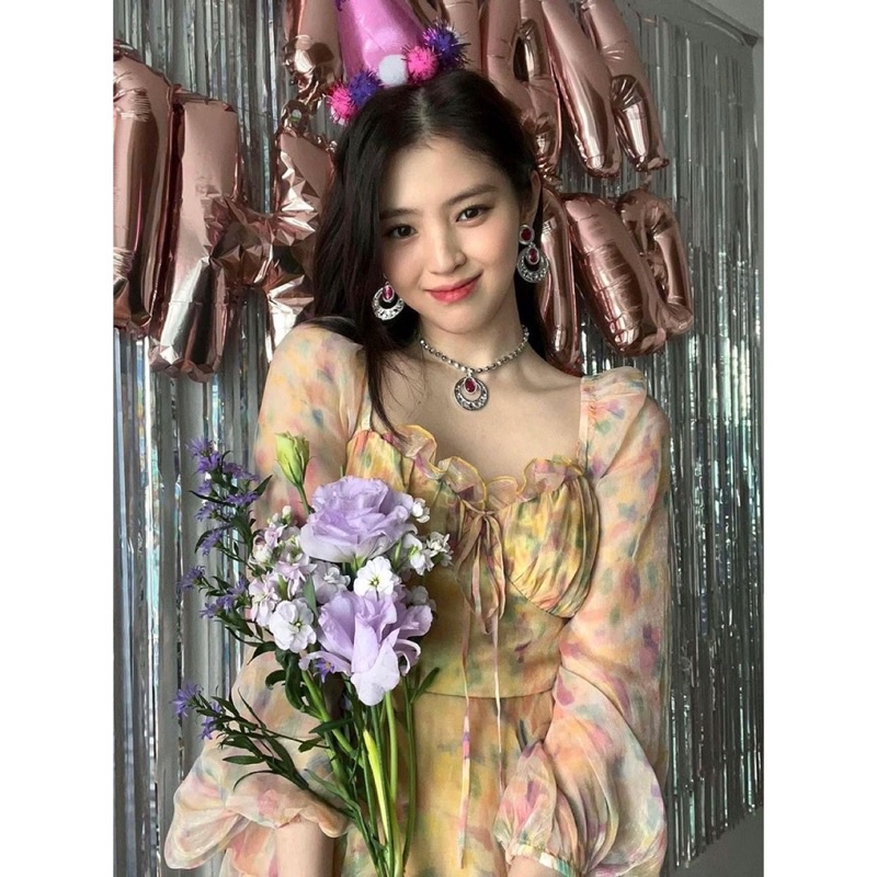 Han SoHee 한소희 Dress Peachy Korean Style Look Lengan Panjang Orange Peach Gaun Trend Cantik Birthday 