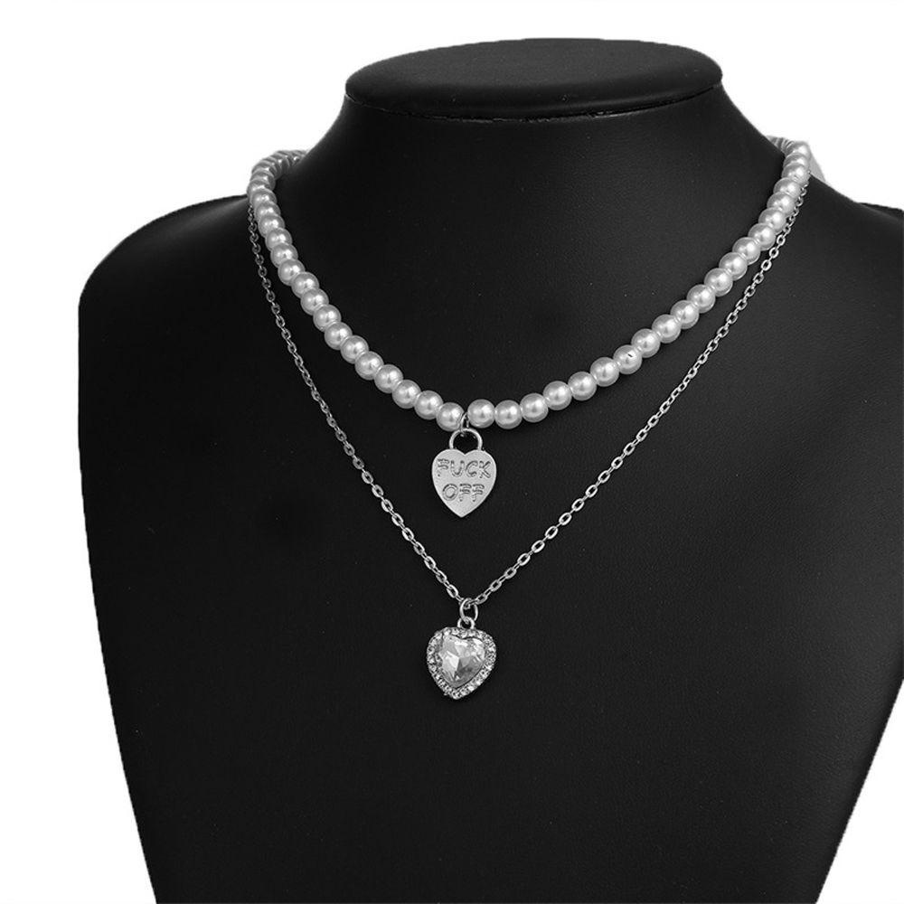 Needway Kalung Gaya Korea Fashion Perhiasan Vintage Untuk Anak Perempuan Liontin Manik-Manik Lapisan Ganda Berbentuk Hati