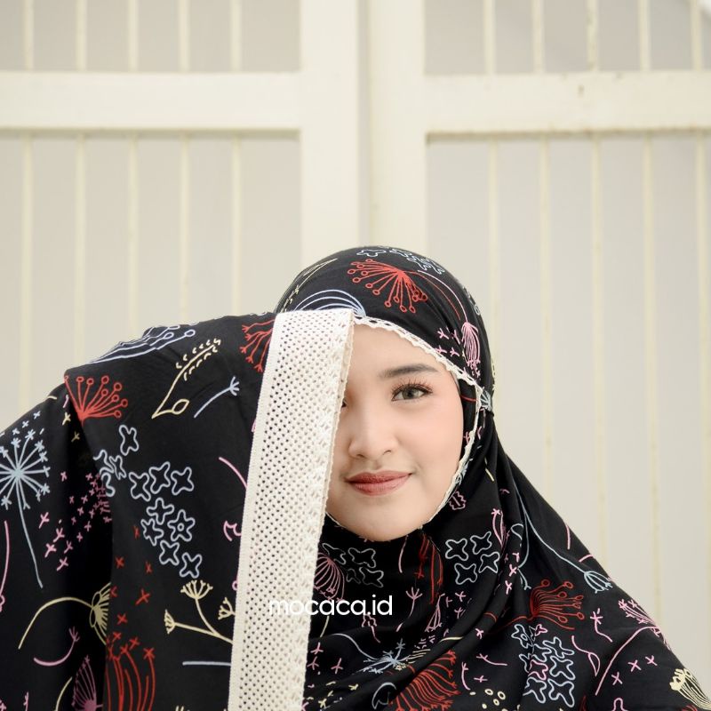 Mukena Dewasa Jumbo 2 in 1 Kayana Motif Bahan Rayon Premium Jatuh Adem Ponco Pouch Tas Sleting Hitam