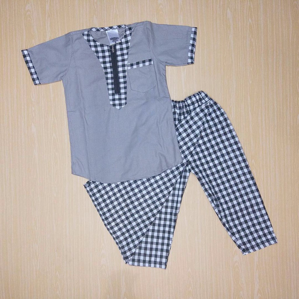 Baju Koko Anak Sarung Celana Katun - Abu hitam