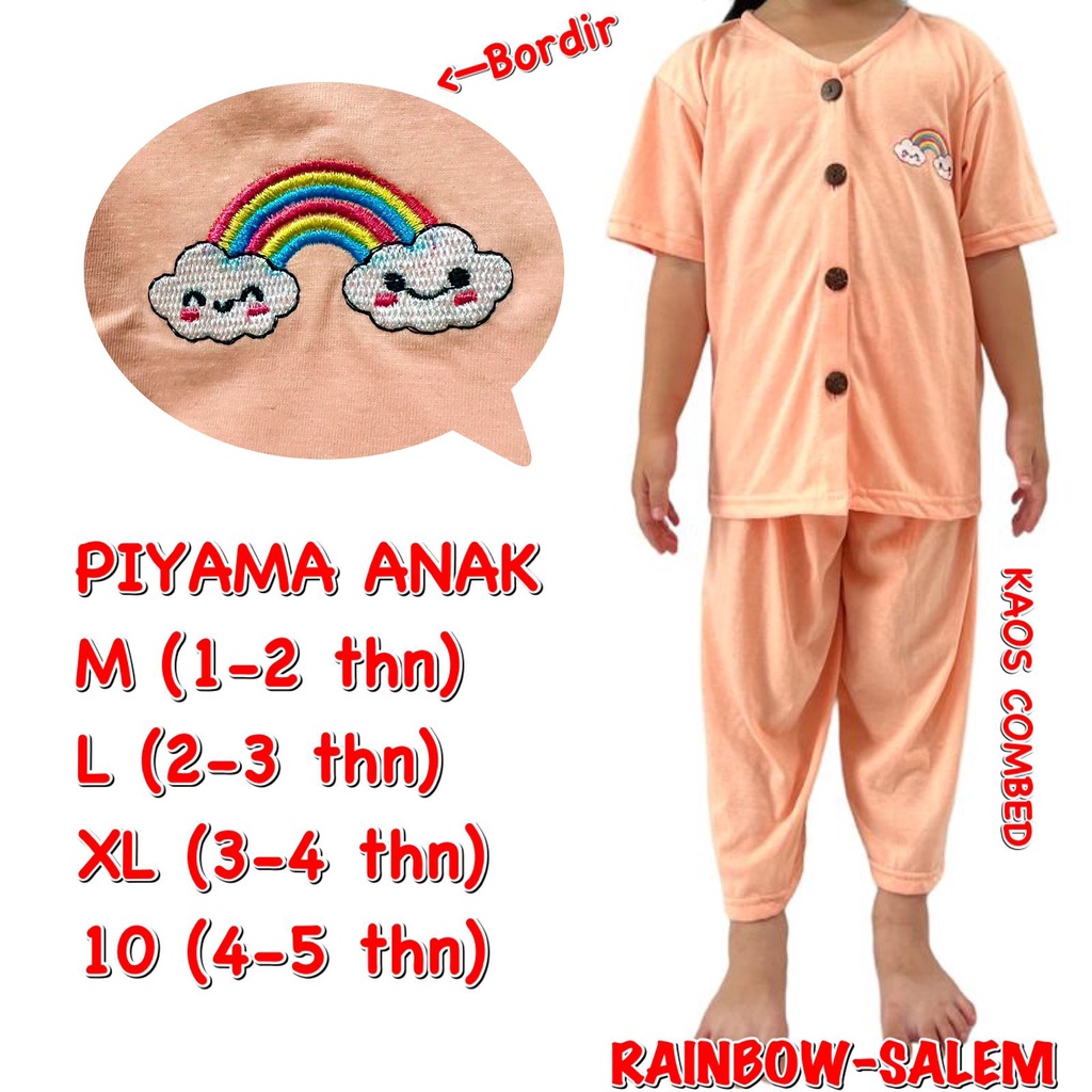 (1 KG MUAT 6 STEL) BAJU TIDUR ANAK KIDS PEREMPUAN/CEWEK SETELAN/STELAN BAHAN KAOS KATUN CP KANCING BORDIR RAINBOW SALEM