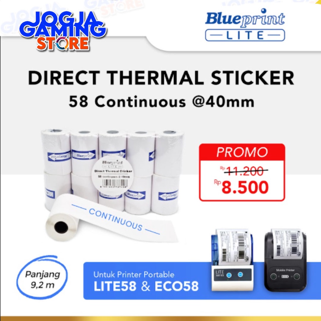 

Kertas Direct Thermal Sticker Label BLUEPRINT 58mm x 9 meter Continuous @40mm | Panjang 9,2 meter - 1 Roll 58x9M