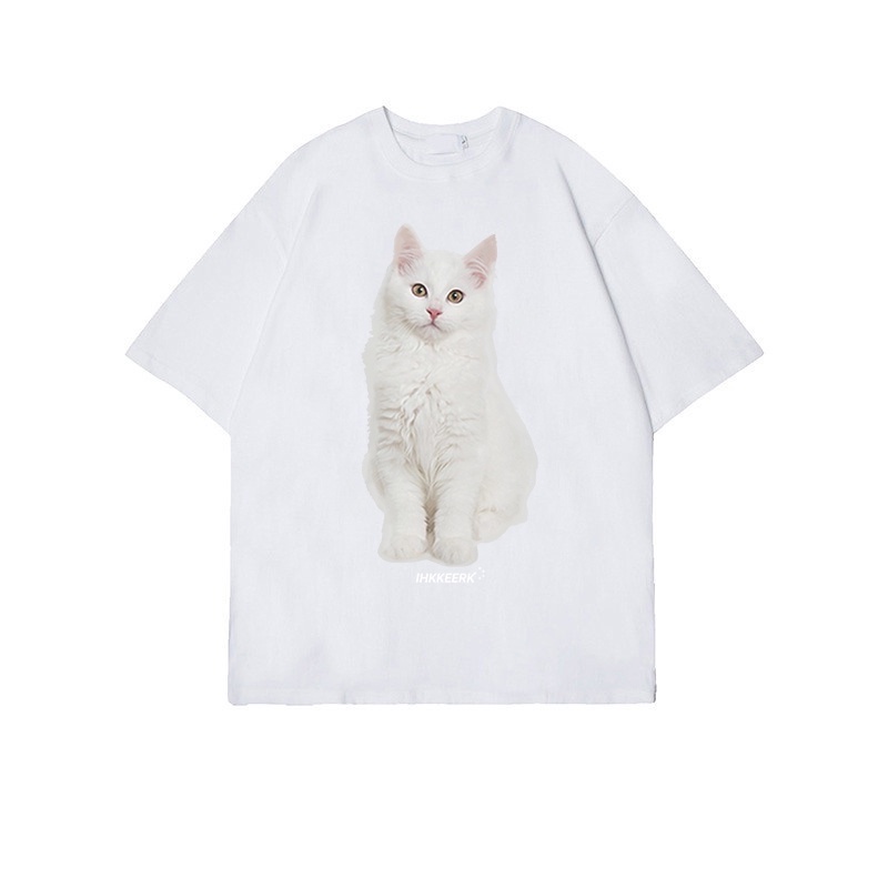 [100%  Katun]Cat Kaos Putih Atasan Wanita Lengan Pendek Oversize Printed T-shirt Baju Wanita Kekinian Korean Style