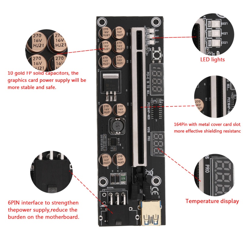 Btsg PCI-E Extender Riser 1x Ke 16x USB 3.0 Kabel Data Dengan Kartu LED PCI-E Adapter