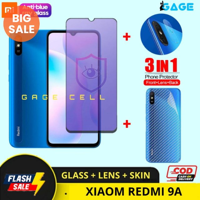 PAKET 3IN1 TEMPERED GLASS TG ANTI RADIASI XIAOMI REDMI 9A FULL LAYAR KAMERA SKIN CARBON PREMIUM