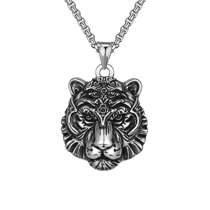 Kalung Rantai Liontin Tengkorak Harimau Matahari Bahan Stainless Steel Gaya Retro Untuk Pria Dan Wanita