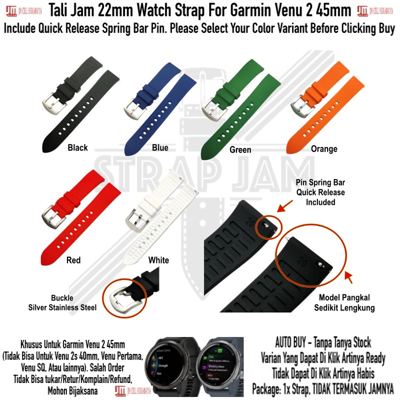 LKG Tali Jam Tangan Garmin Venu 2 45mm (Yang Besar) - Strap 22mm Rubber Silikon Quick Release