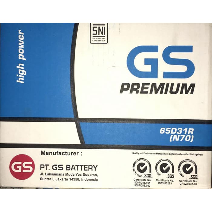 Aki Accu Basah Mobil GS Premium Astra N70 65D31R 12V-70AH Original