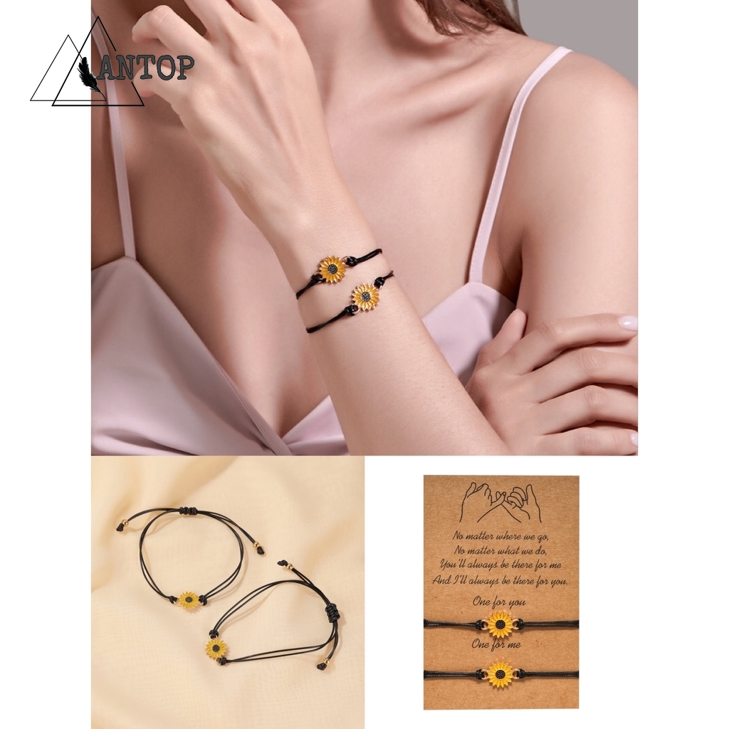 2 Pcs Gelang Magnet Couple Gelang Tali Etnik Persahabatan Anyaman Krisan Bunga Matahari Fashion Wanita Korea Pria Couple Bracelet Daisy Hitam ANTOP