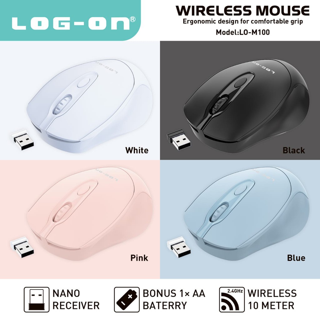 LOG ON MOUSE WIRELESS LO-M100 2.4Ghz Optical 1600DPI MOUSE LAPTOP/PC Sensitif &amp; Responsif