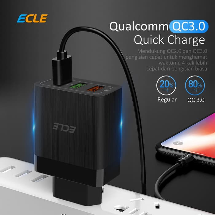 ECLE Adaptor Charger Fast Charging 3 USB Port Quick Charge QC 3.0