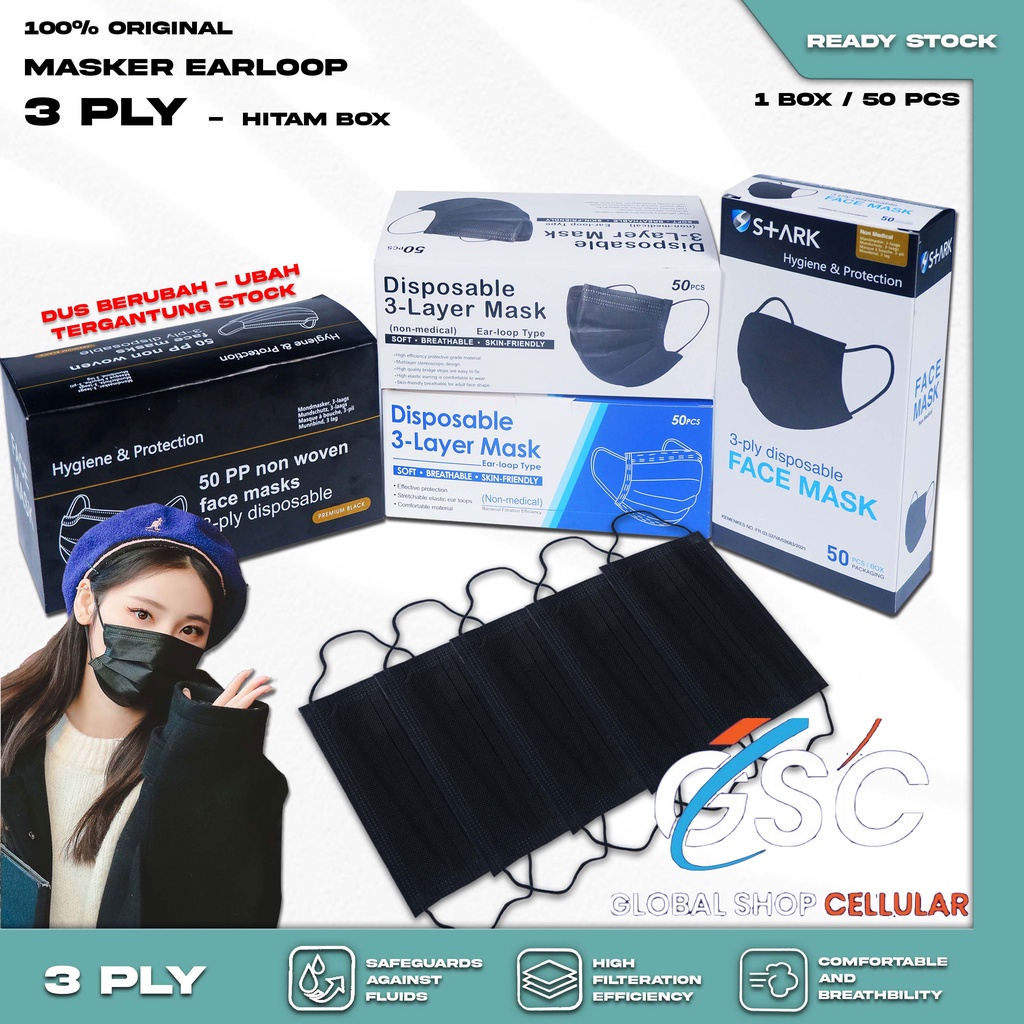 Jual Masker Hitam 3 Ply 3Ply Warna Black Earloop Surgical Mask BFE 95% ...